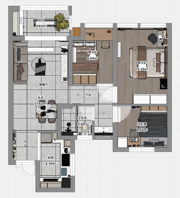 孟憲濤｜江城苑6-2-1704-88㎡-簡(jiǎn)約風(fēng)格｜3室2廳1衛(wèi)｜新房裝修｜定制家｜全包12萬(wàn)｜00_03平面彩圖