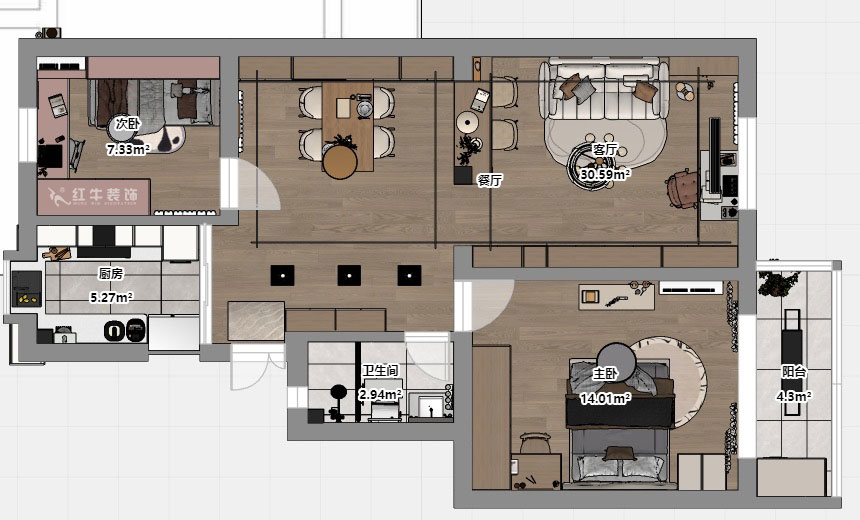劉小勇｜龍?bào)粗新?66號(hào)401室-83㎡-現(xiàn)代簡(jiǎn)約風(fēng)格｜2室2廳1衛(wèi)｜老房裝修｜定制家｜全包10萬(wàn)｜00_03平面彩圖