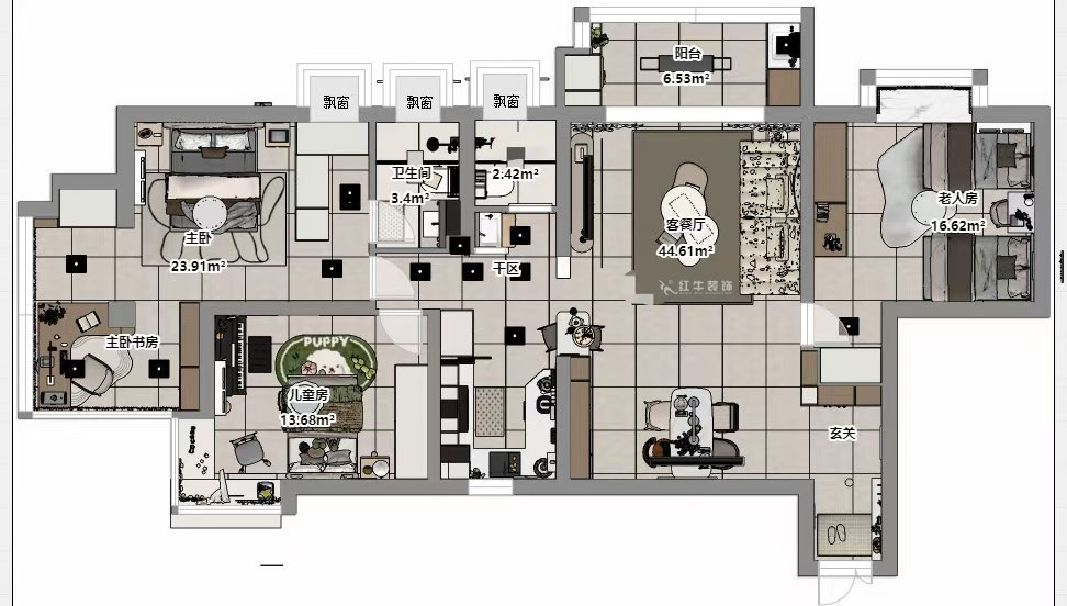 孟憲濤｜龍園北路80號1-2706-130㎡-現(xiàn)代簡約風(fēng)格｜4室2廳2衛(wèi)｜老房裝修｜定制家｜全包16萬｜00_03平面彩圖