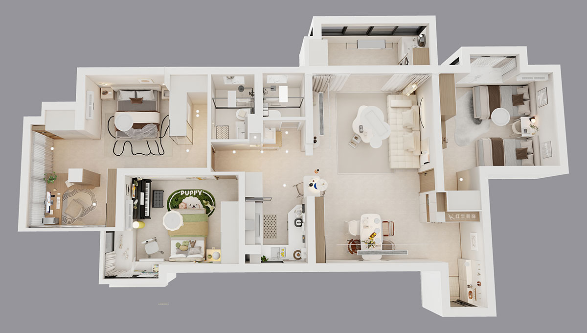 孟憲濤｜龍園北路80號1-2706-130㎡-現(xiàn)代簡約風(fēng)格｜4室2廳2衛(wèi)｜老房裝修｜定制家｜全包16萬｜00_04鳥瞰圖