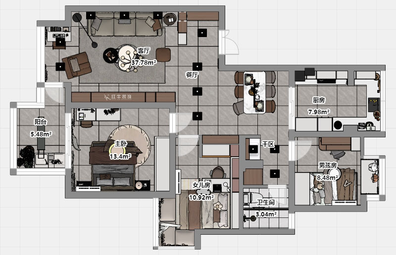 蔣琛｜萬(wàn)達(dá)華府西苑6-401-106㎡-現(xiàn)代簡(jiǎn)約風(fēng)格｜3室2廳1衛(wèi)｜老房裝修｜定制家｜全包13萬(wàn)｜00_03平面彩圖