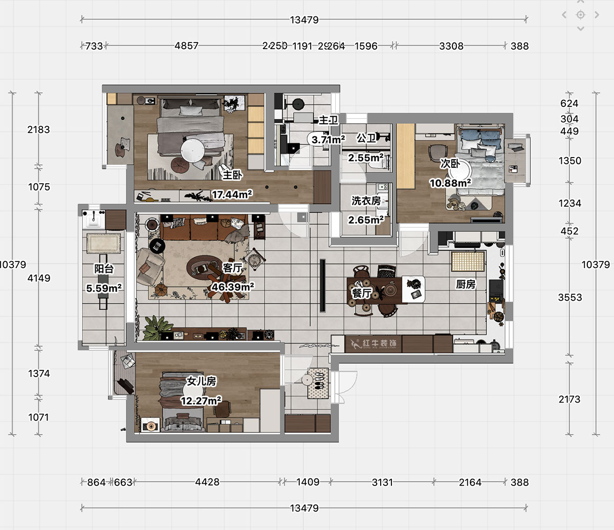 顧娟｜紫金明珠4幢202室-120㎡-現(xiàn)代簡(jiǎn)約風(fēng)格｜3室2廳2衛(wèi)｜舊房裝修｜定制家｜全包17萬(wàn)｜00_04平面彩圖
