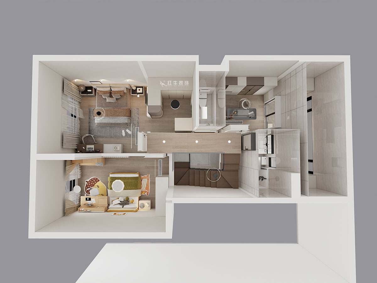 吳波｜華府國際43-1-707-148㎡-輕法風(fēng)格｜復(fù)式｜4室2廳3衛(wèi)｜舊房裝修｜定制家｜全包18萬｜00_08二樓鳥瞰圖