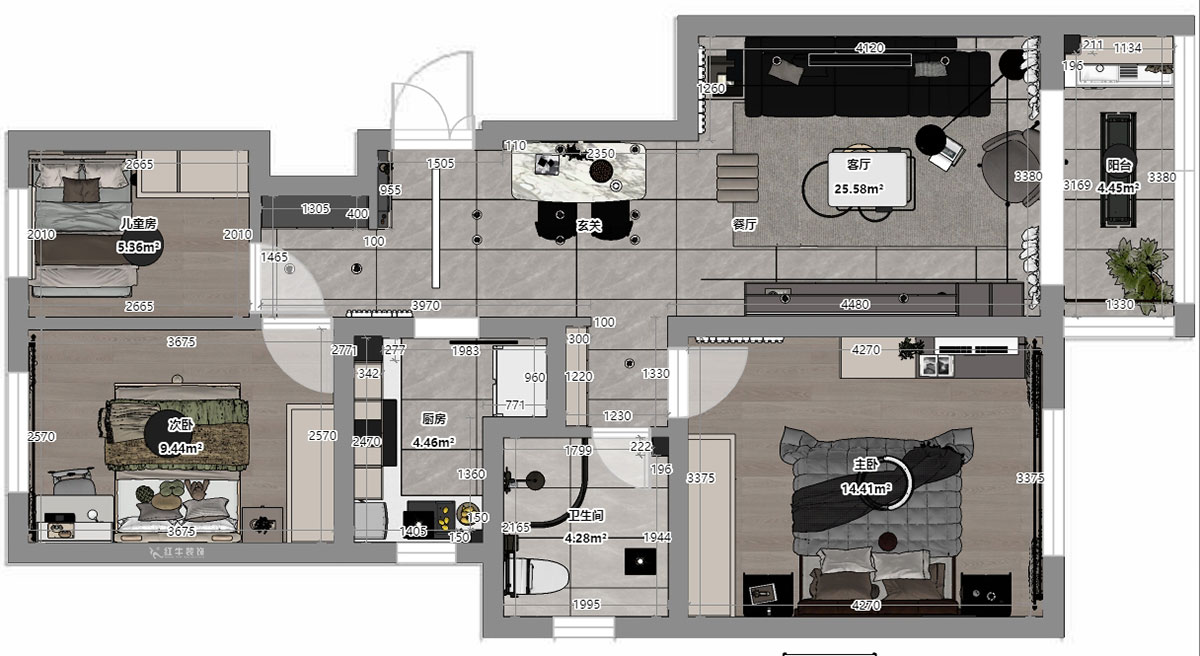 蔣琛|白云雅居21-202-88㎡-現(xiàn)代簡約風(fēng)格|3室2廳1衛(wèi)|新房裝修|定制家|全包11萬|00_03平面彩圖