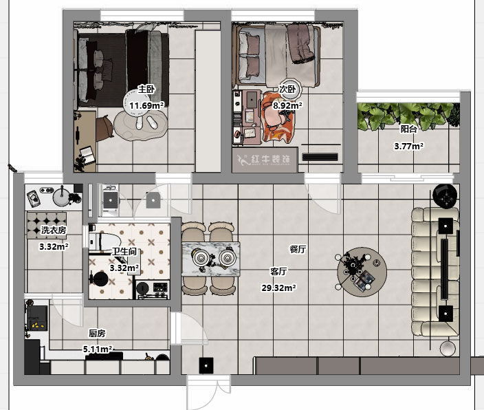 朱明琪|金鼎灣花園1-2-2004-87㎡-現代簡約風格|2室2廳1衛(wèi)|老房裝修|定制家|全包10萬|00_03平面彩圖