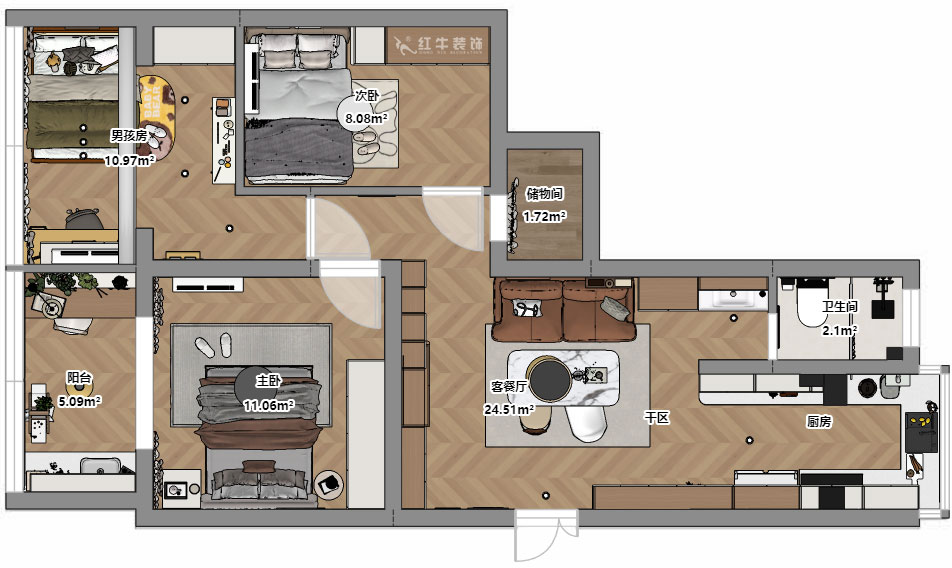 朱明琪|金基公寓4-105-73㎡-原木風(fēng)格|3室1廳1衛(wèi)|老房改造|定制家|全包11萬(wàn)|00_03平面彩圖
