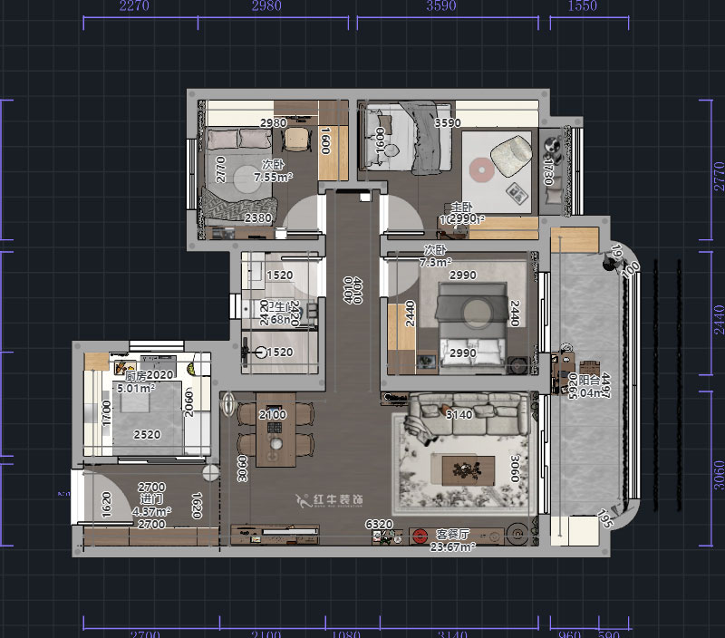 熊皓宇|高科紫堯星院-90㎡-現(xiàn)代原木風|3室2廳1衛(wèi)|精裝修改造|00_01平面彩圖