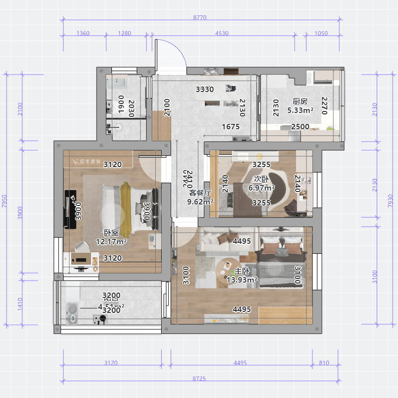 蔣?。少t街92號院9-301-68㎡-現(xiàn)代簡約風格｜3室1廳1衛(wèi)｜老房裝修｜定制家｜全包10萬｜00_03平面彩圖