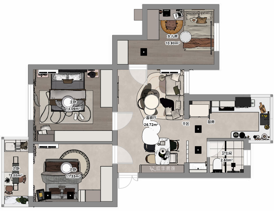 朱明琪｜明月新寓花園12-102-85㎡-現(xiàn)代簡(jiǎn)約風(fēng)格｜3室1廳1衛(wèi)｜老房改造｜定制家｜全包11萬｜00_03平面彩圖