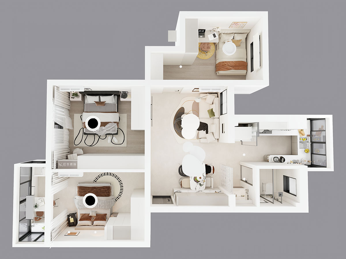 朱明琪｜明月新寓花園12-102-85㎡-現(xiàn)代簡(jiǎn)約風(fēng)格｜3室1廳1衛(wèi)｜老房改造｜定制家｜全包11萬｜00_04鳥瞰圖