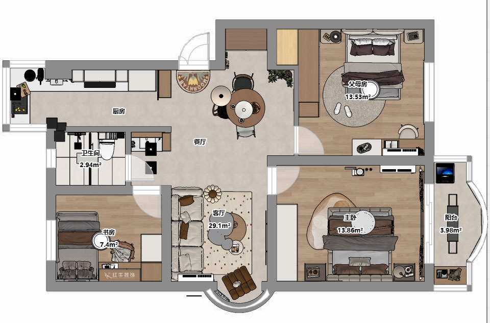 仇美蓉｜裕華新村2-3-406-86㎡-簡約風(fēng)格｜3室2廳1衛(wèi)｜老房裝修｜定制家｜全包10萬｜00_03平面彩圖