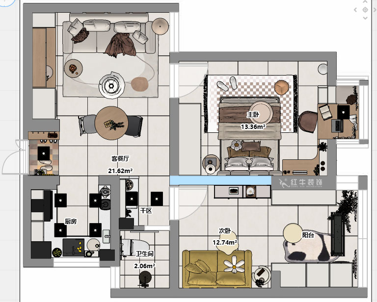 朱明琪｜燕江新城山水苑10-2-1007-68㎡-簡(jiǎn)約風(fēng)格｜2室1廳1衛(wèi)｜老房裝修｜定制家｜全包8萬(wàn)｜00_03平面彩圖