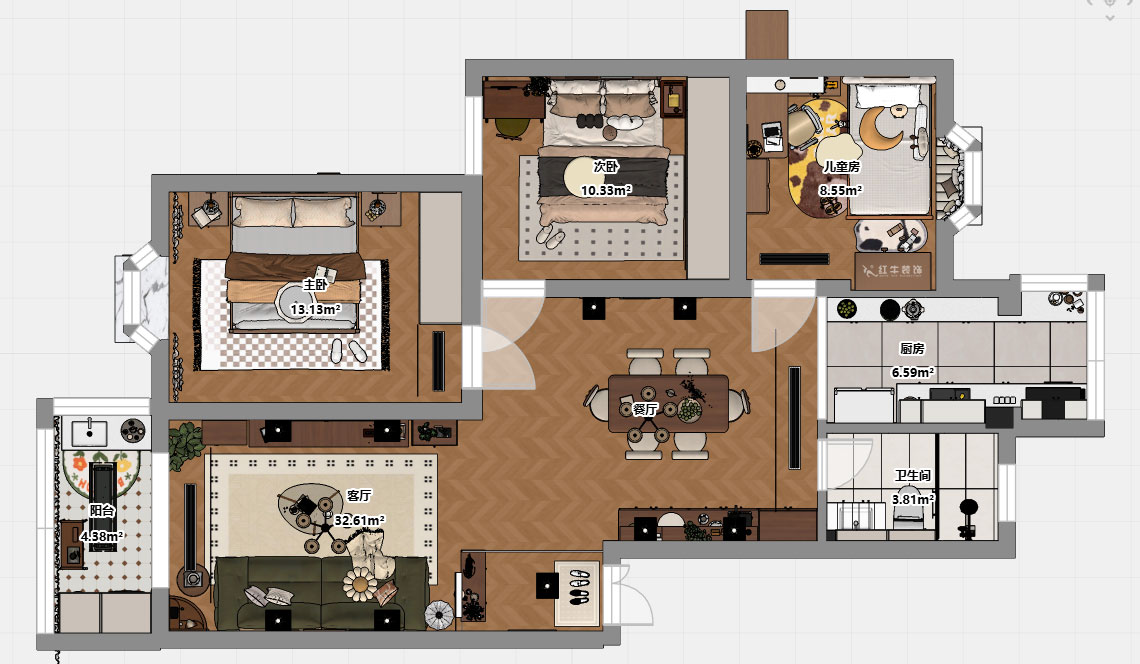 朱彥｜林業(yè)大學一村2-204-90㎡-現代簡約風格｜3室2廳1衛(wèi)｜老房改造｜定制家｜全包12萬｜00_03平面彩圖