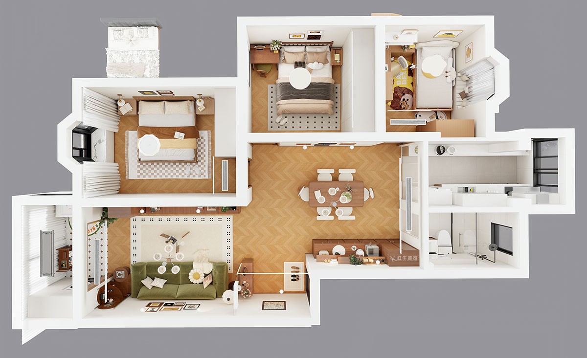 朱彥｜林業(yè)大學一村2-204-90㎡-現代簡約風格｜3室2廳1衛(wèi)｜老房改造｜定制家｜全包12萬｜00_04鳥瞰圖