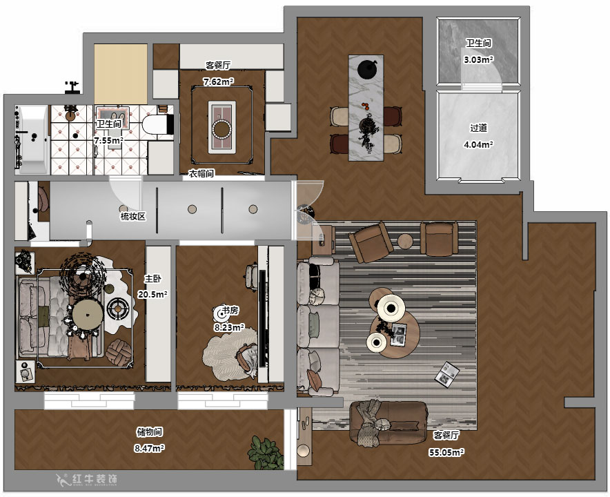 蔣?。ㄓ睢檺偢?-2-104-130㎡-美式復古風格｜3室2廳1衛(wèi)｜新房裝修｜定制家｜全包15萬｜00_03平面彩圖