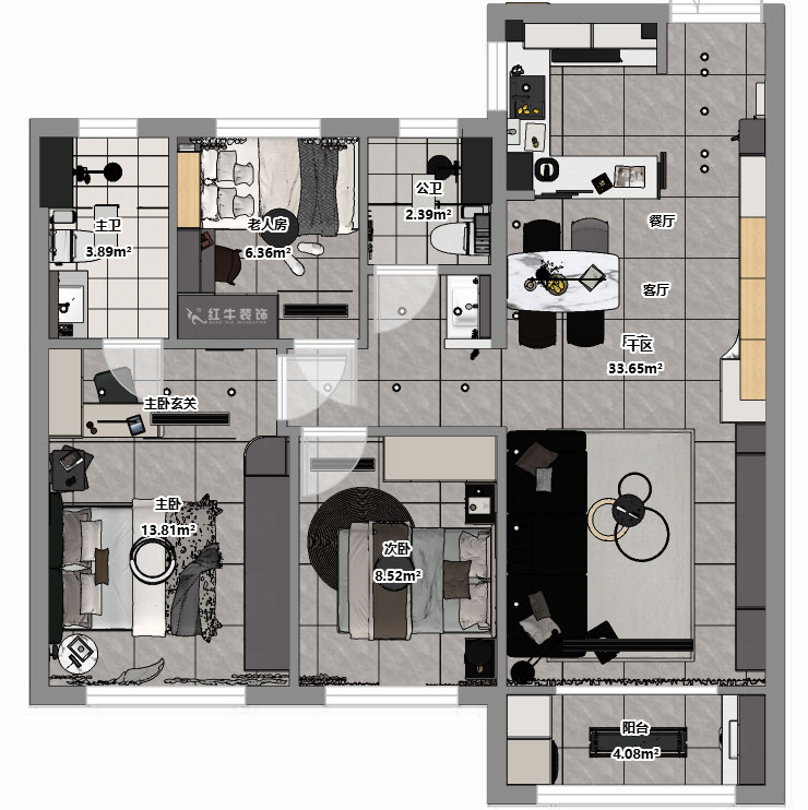 蔣琛｜錦繡公館6-508-88㎡-現(xiàn)代簡約風(fēng)格｜3室2廳2衛(wèi)1廚1陽臺｜新房裝修｜定制家｜全包12萬｜00_03平面彩圖